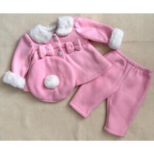 Vintage 90s Poly Kids 3-Piece Pants Set Girls Size 6M Pink Faux Fur Pom Pom Hat